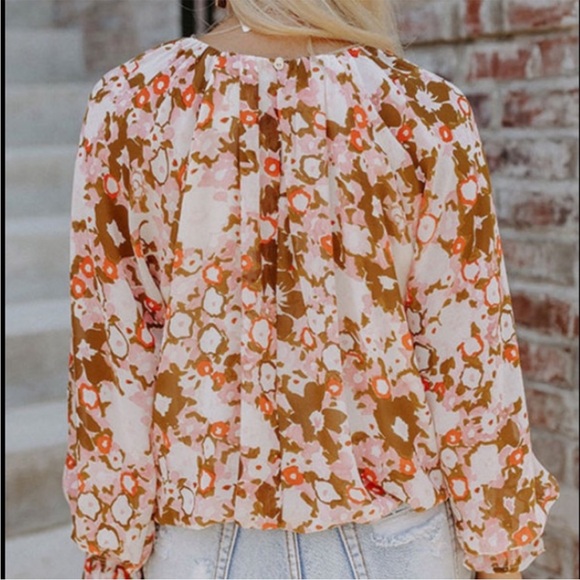 Multicolor Flower Top with Long Statement Sleeves Large Pink Brown Red - Picture 12 of 12
